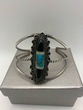 Vintage SS Navajo Cuff Bracelet ( Onyx, Turquoise & MOP Inlay